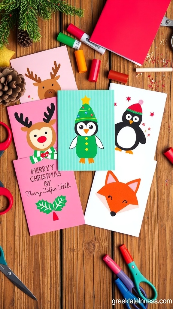 Handmade Animal Christmas Cards Handmade Christmas cards with animal designs on a wooden table with craft supplies.